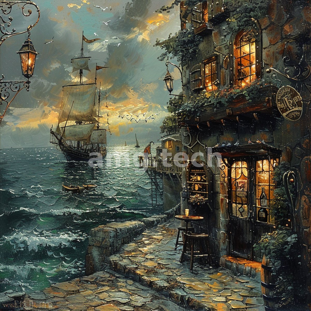 A galleon rides the swell beyond a lamplit quayside inn, its glowing windows warming the stone against a stormy dusk.