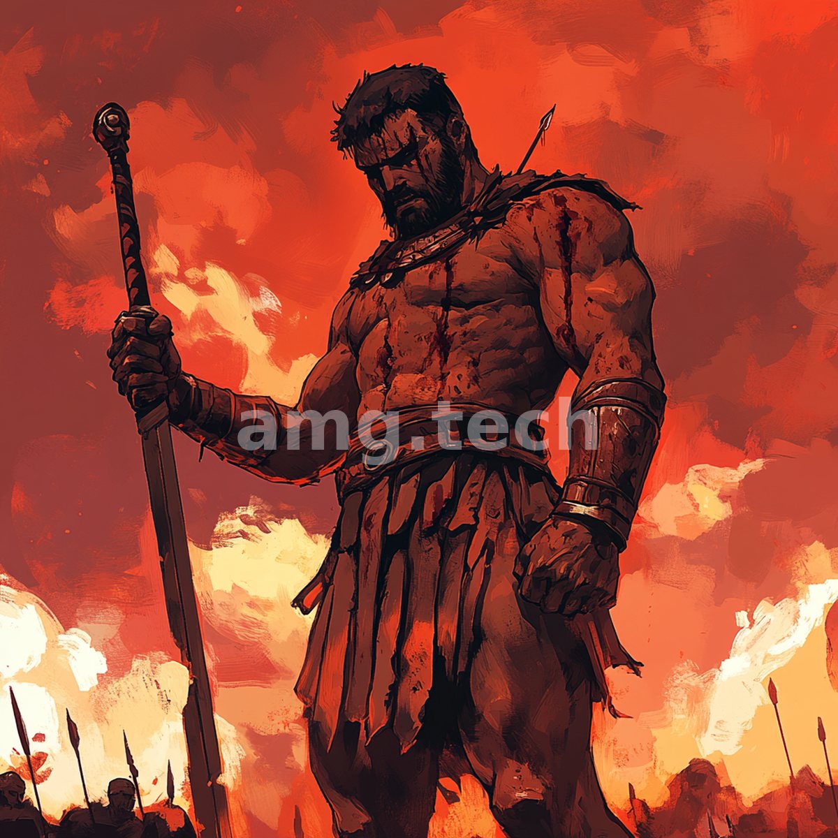 A battle-scarred warrior leans upon his broadsword against a sky of fire, his ranks massed below in the smoke.