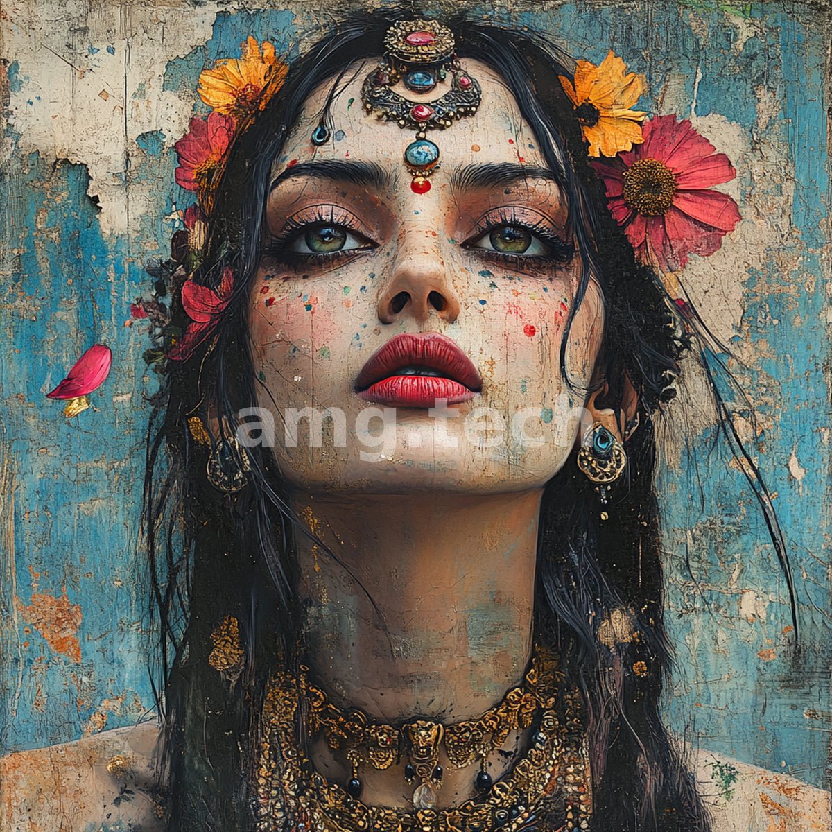 A flower-crowned woman gazes outward amid gilded jewels and scattered pigment, her portrait weathered like an ancient fresco.