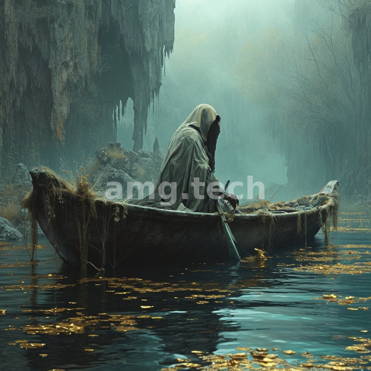 A hooded figure poles a moss-laden skiff through misty waters strewn with gold, gliding beneath weeping grey cliffs.