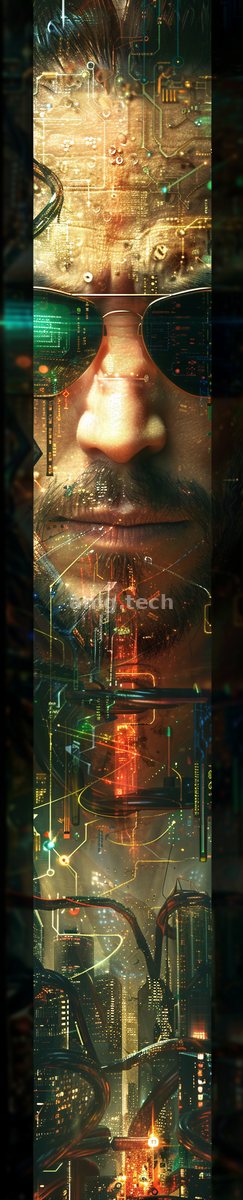 A human face dissolves into a dense lattice of luminous circuitry, half portrait and half machine in a narrow vertical study.
