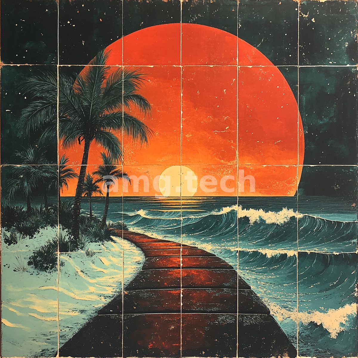 A retro tiled mural of a blood-orange sun over rolling surf, a weathered boardwalk leading past silhouetted palms.