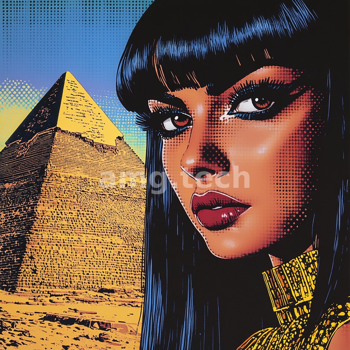 A raven-haired beauty in comic-book relief turns her gaze from the sunlit monuments, her golden collar glinting against electric blue.