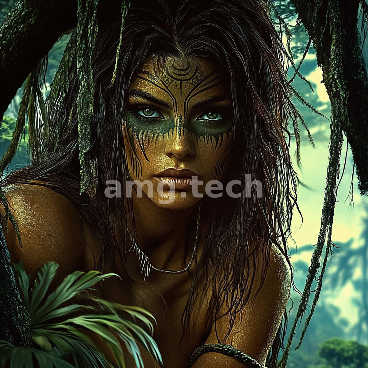 A gilded, tattooed jungle huntress crouches among moss-draped branches, her pale gaze arresting against the emerald depths of the rainforest.
