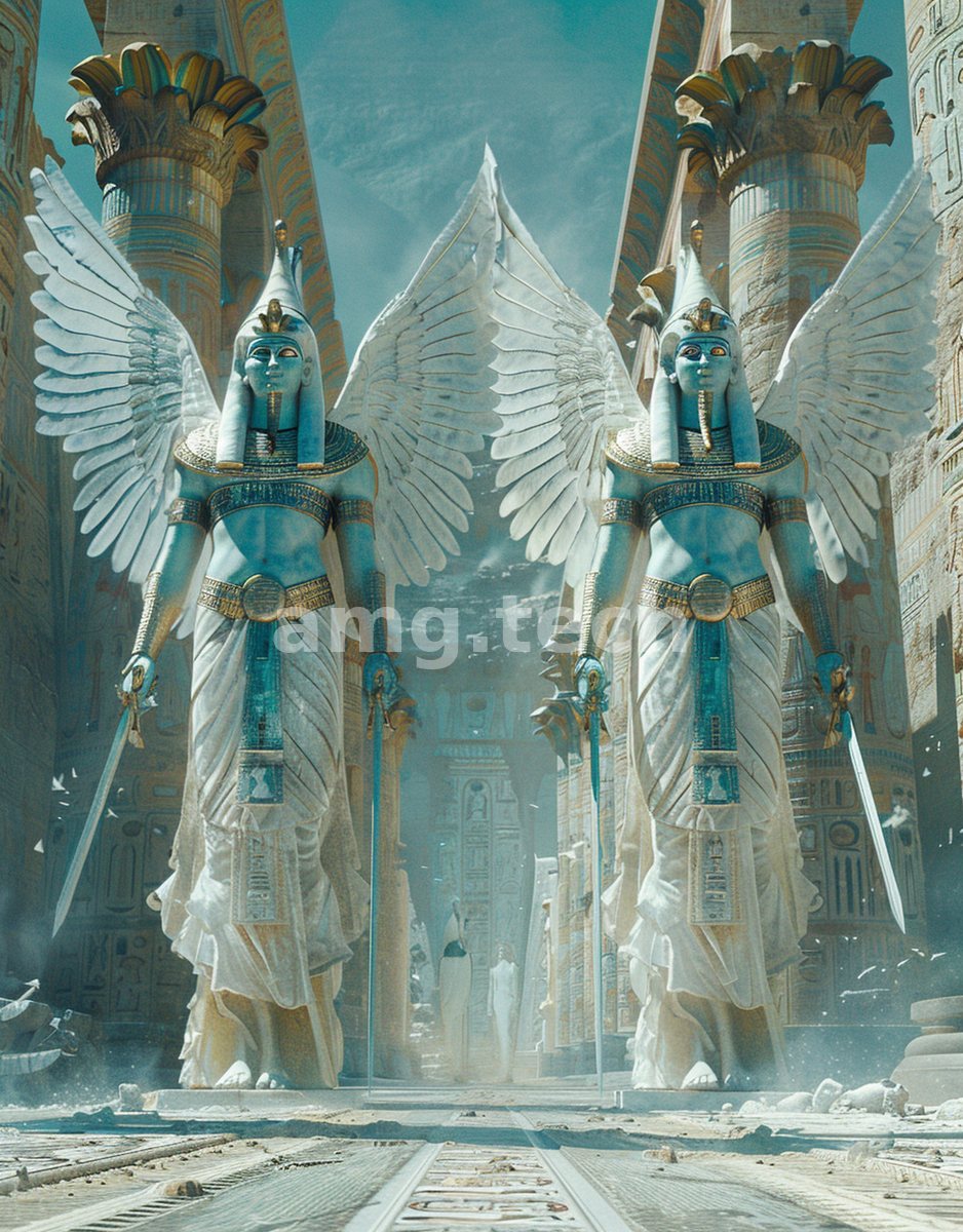 Twin winged pharaonic colossi flank a sunlit temple avenue, their outstretched swords and marble plumes commanding a hall of towering columns.