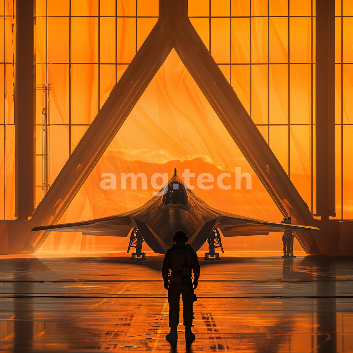 A lone airman stands before a sleek flying-wing aircraft, silhouetted against the molten glow pouring through a vast triangular hangar window.