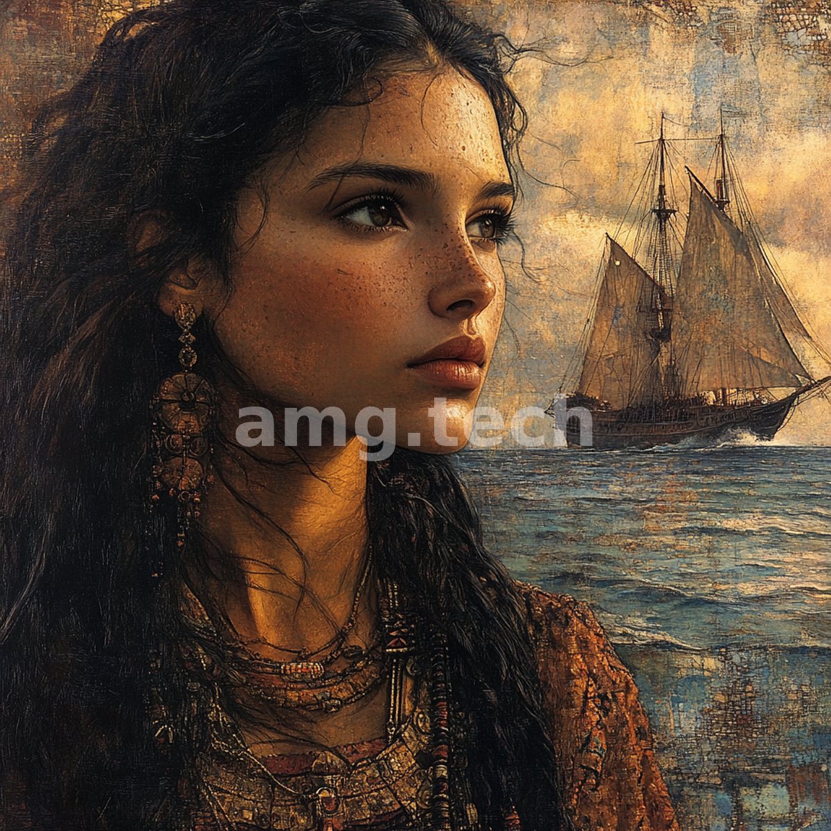 A dark-eyed young woman in weathered finery gazes seaward as a tall sailing ship glides across the horizon, rendered in cracked antique glaze.