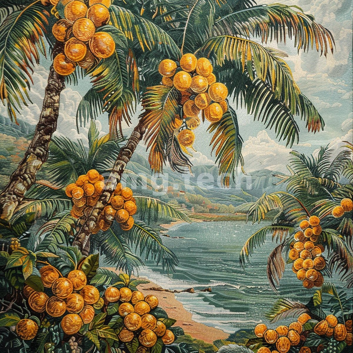 Heavy golden coconuts cluster beneath swaying fronds framing a tranquil tropical bay, painted in the lush manner of a vintage tapestry.