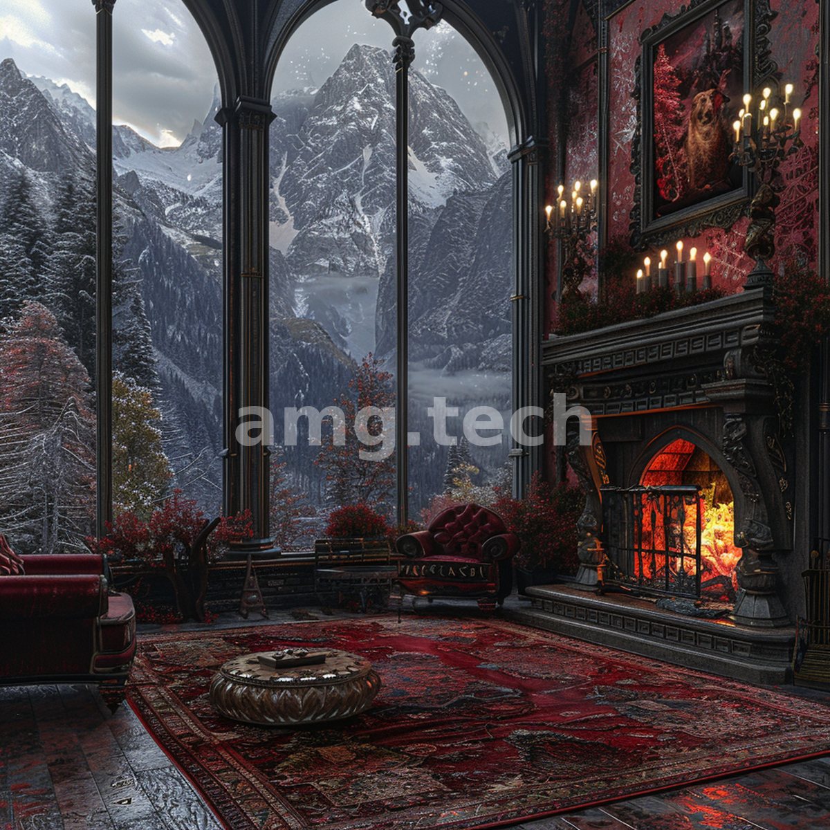 A candlelit Gothic salon opens through soaring arched windows onto snowbound alpine peaks, its blazing fire warming deep red carpets and velvet chairs.