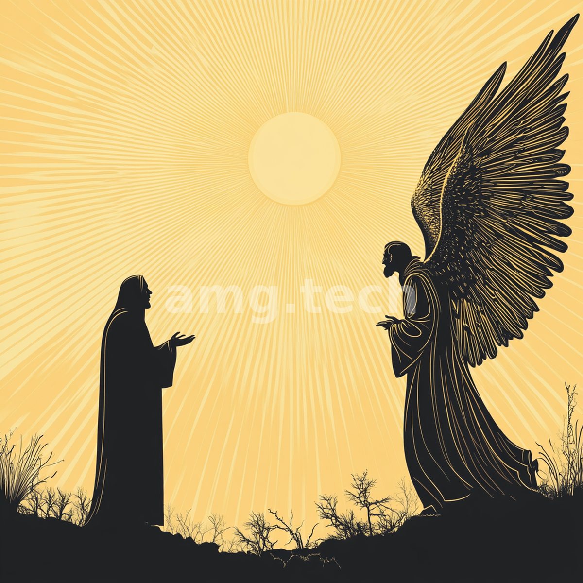 Against a burst of golden rays, a robed figure raises open hands toward a great winged messenger upon a windswept ridge, rendered in stark silhouette.