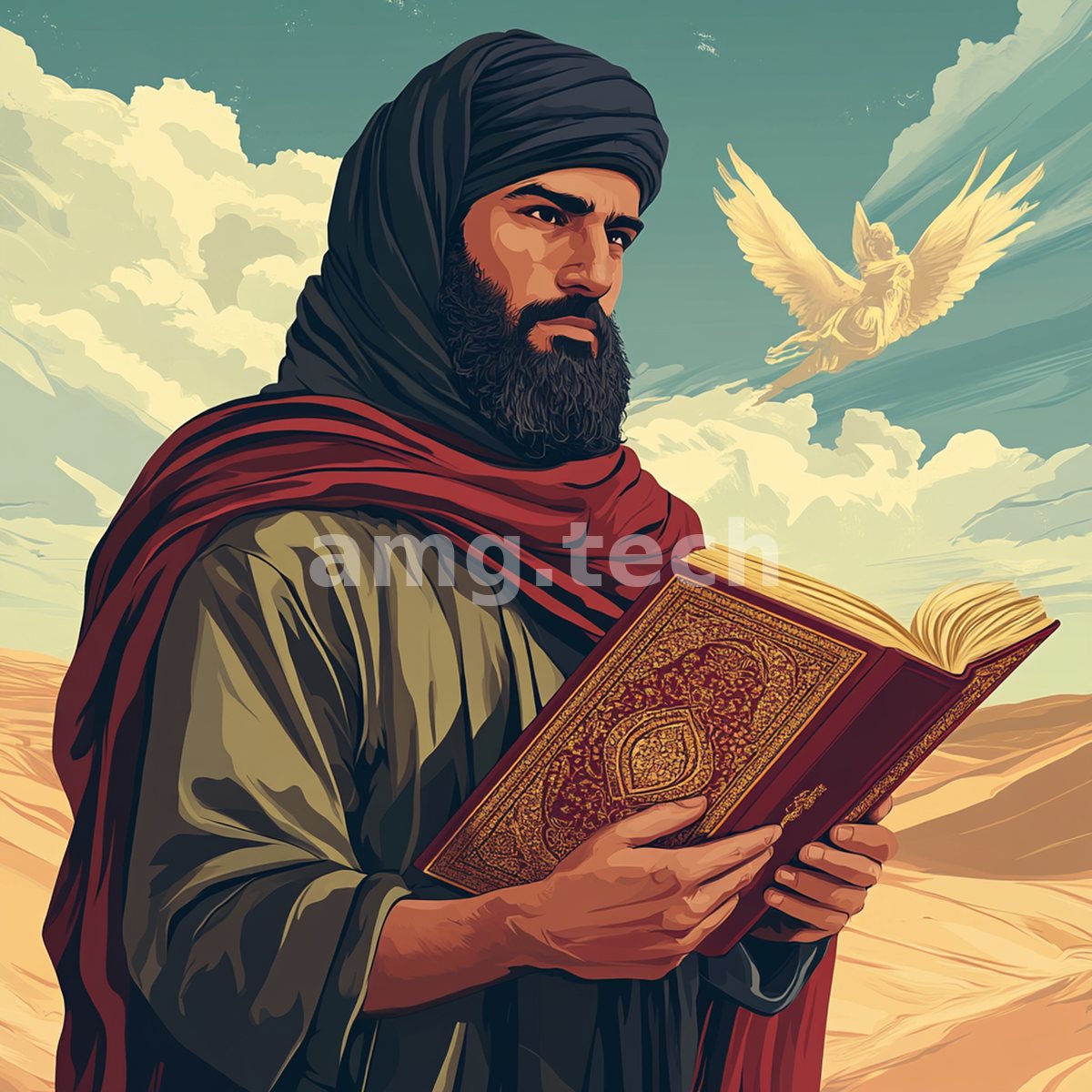 A robed, turbaned scholar cradles an illuminated volume beneath a luminous winged apparition drifting across the pale desert sky.