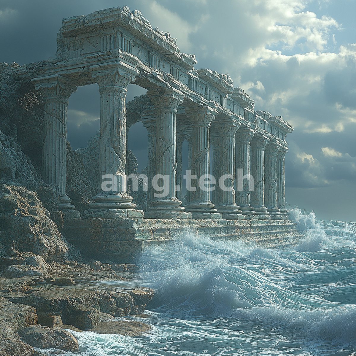 A weathered colonnade of ancient columns stands upon a rocky shore as restless waves break beneath a brooding, cloud-swept sky.