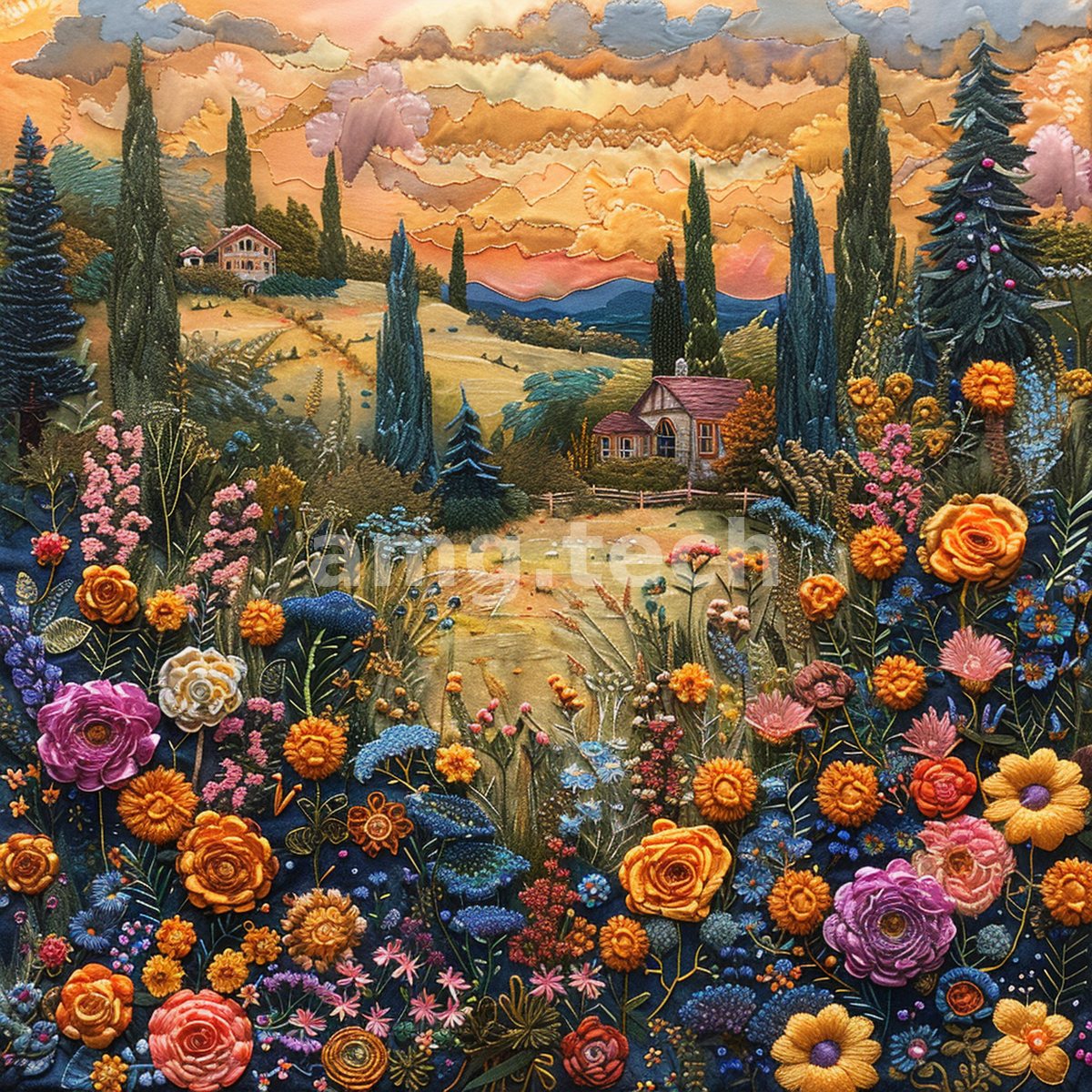 Farmhouses and cypress rise above a wildflower meadow beneath an amber sky, worked in the rich raised stitchwork of a needlepoint tapestry.