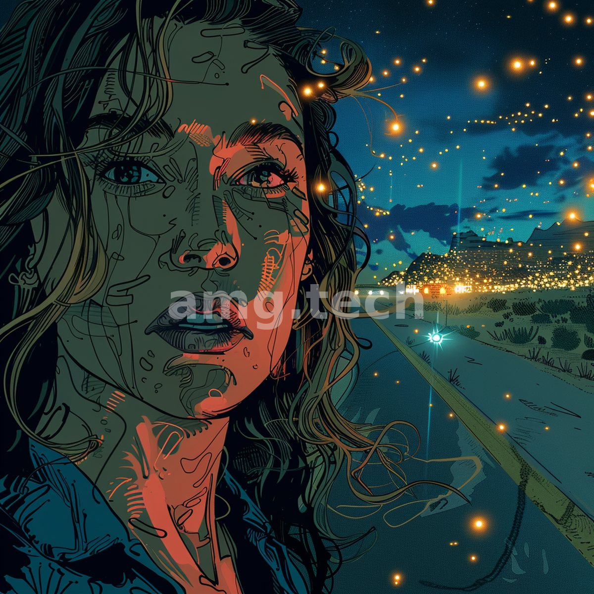 A woman's contemplative face, drawn in inked line and shadow, dissolves into a shoreline of scattered lights beneath a starlit sky.