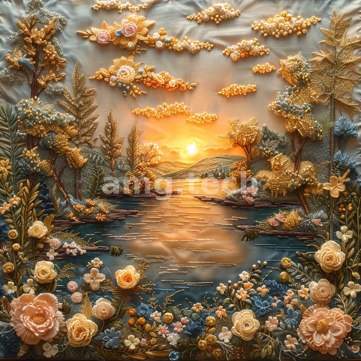A golden sun sinks over a still lake framed by lavish beaded blossoms and foliage, evoking the tactile splendour of jewelled embroidery.