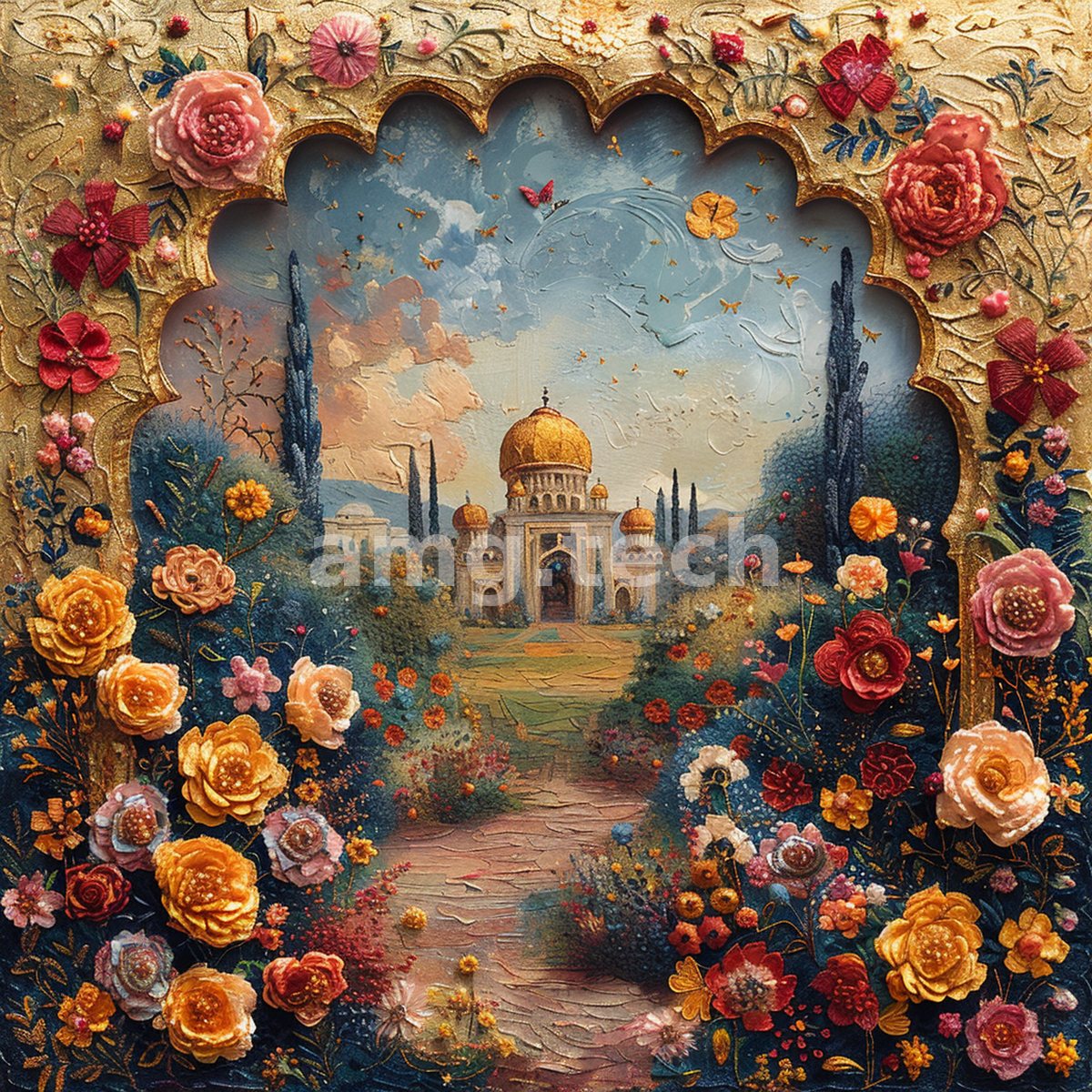 Through a gilded arch wreathed in roses, a domed palace glows beyond a flowering garden path, sumptuous with impasto and metallic leaf.