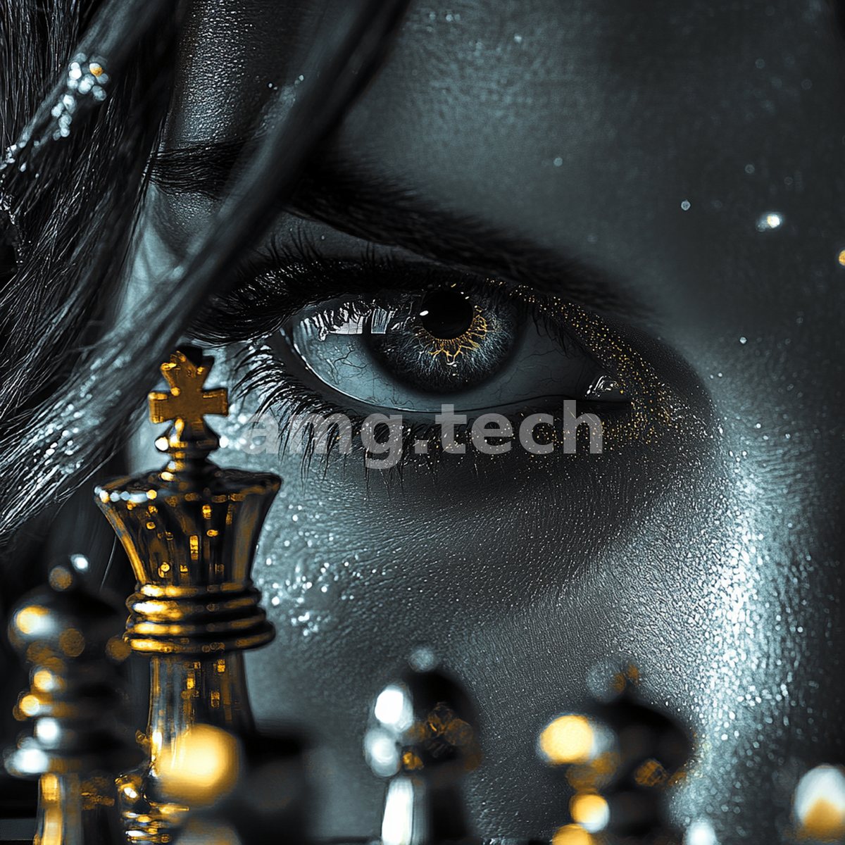 A single luminous eye emerges from shadowed skin above a cluster of gold and silver chess pieces, poised in glittering, watchful stillness.