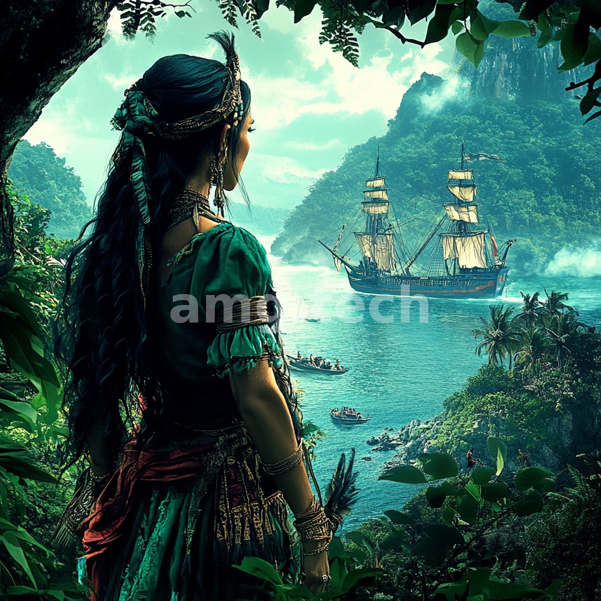 From a tangle of jungle foliage, an ornately adorned woman gazes toward tall ships anchored in a hidden tropical bay.