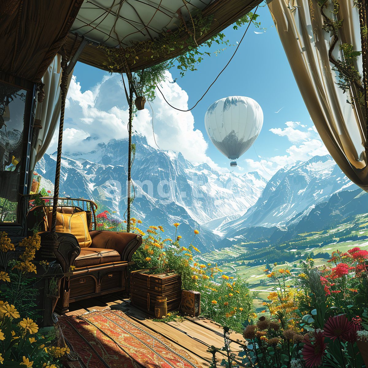 A curtained terrace opens onto snow-crowned peaks and wildflowers as a solitary balloon drifts above the sunlit alpine valley.