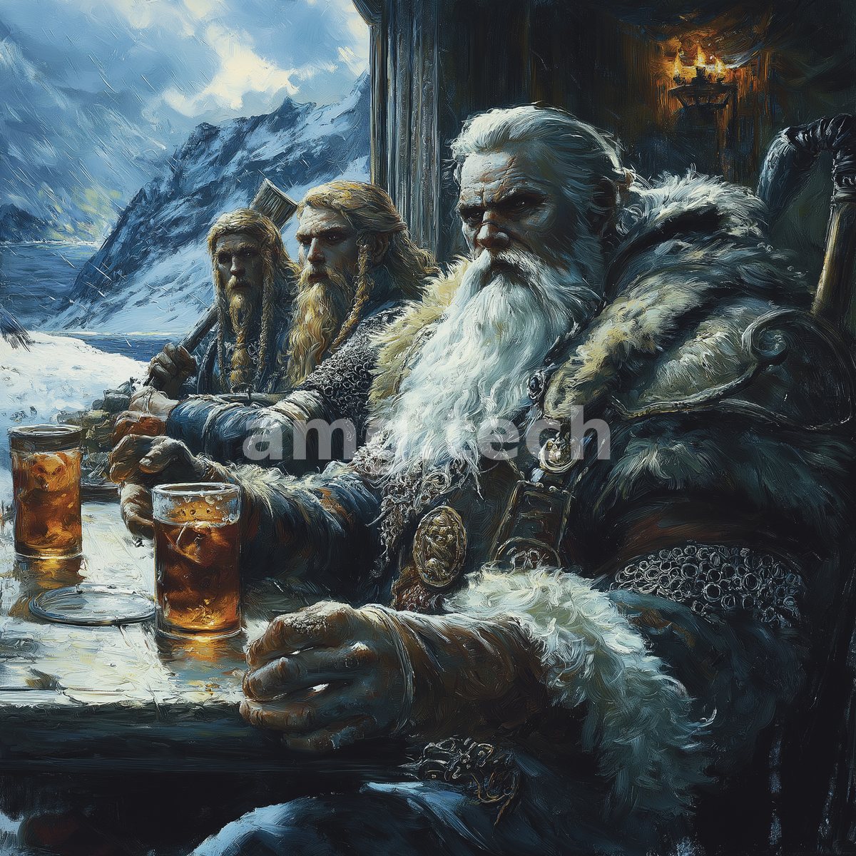 Three weathered warriors in fur and mail share tankards by a firelit hall, the frozen fjord glowering beyond the window.