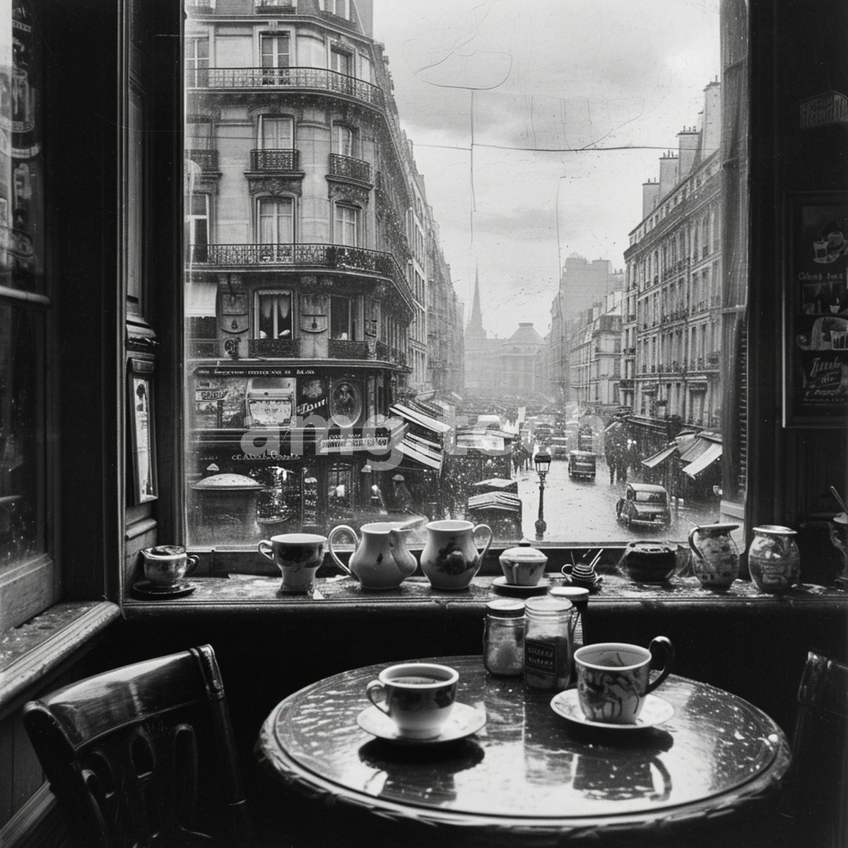 A window table set with cups and porcelain looks out over a wet Parisian boulevard in tender monochrome.