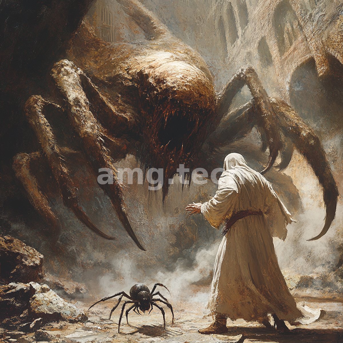 A white-robed figure stands unflinching before a colossal spider amid the dust and ruin of an ancient hall.