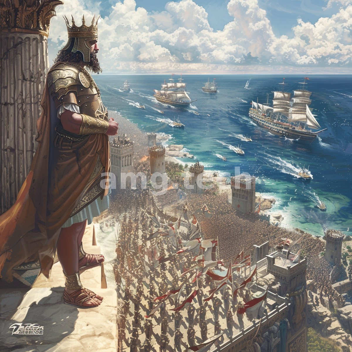 A crowned monarch surveys his massed host and sailing fleet from a marble colonnade above the shimmering coast.
