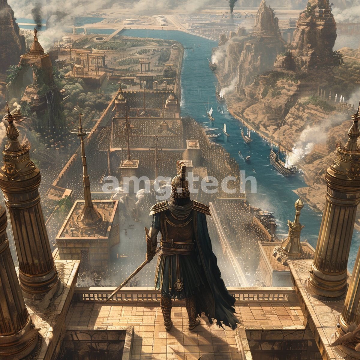 A cloaked commander overlooks a vast river citadel, its terraces thronged with armies and its waters crowded with warships.