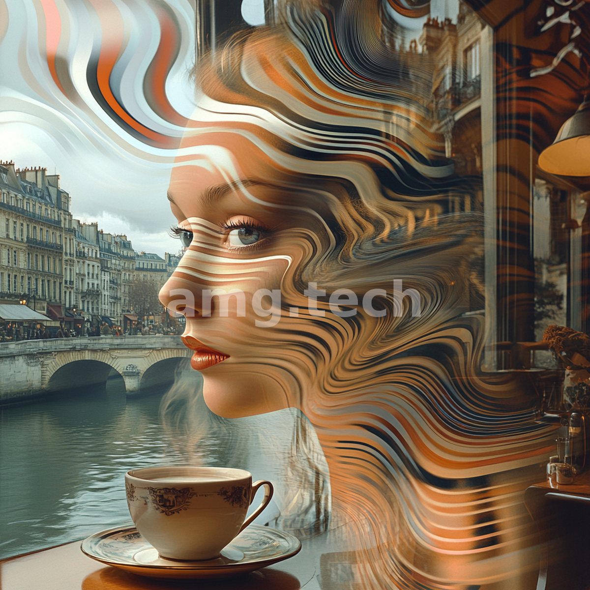 A dreamer's profile flows into rippling ribbons of hair above a steaming cup, the Parisian riverfront glimpsed through the café window.