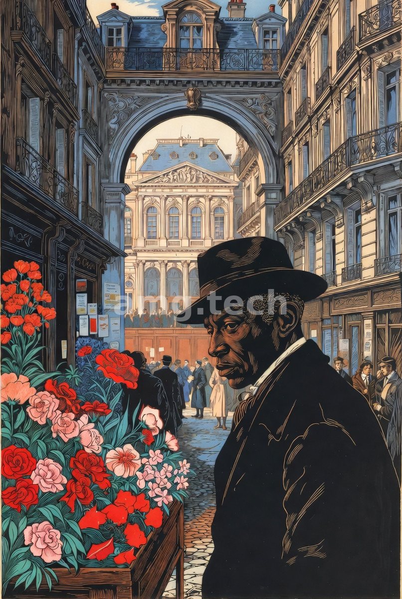 Amid carnations and Parisian arcades, a solemn gentleman in a dark hat turns to meet the viewer's eye.