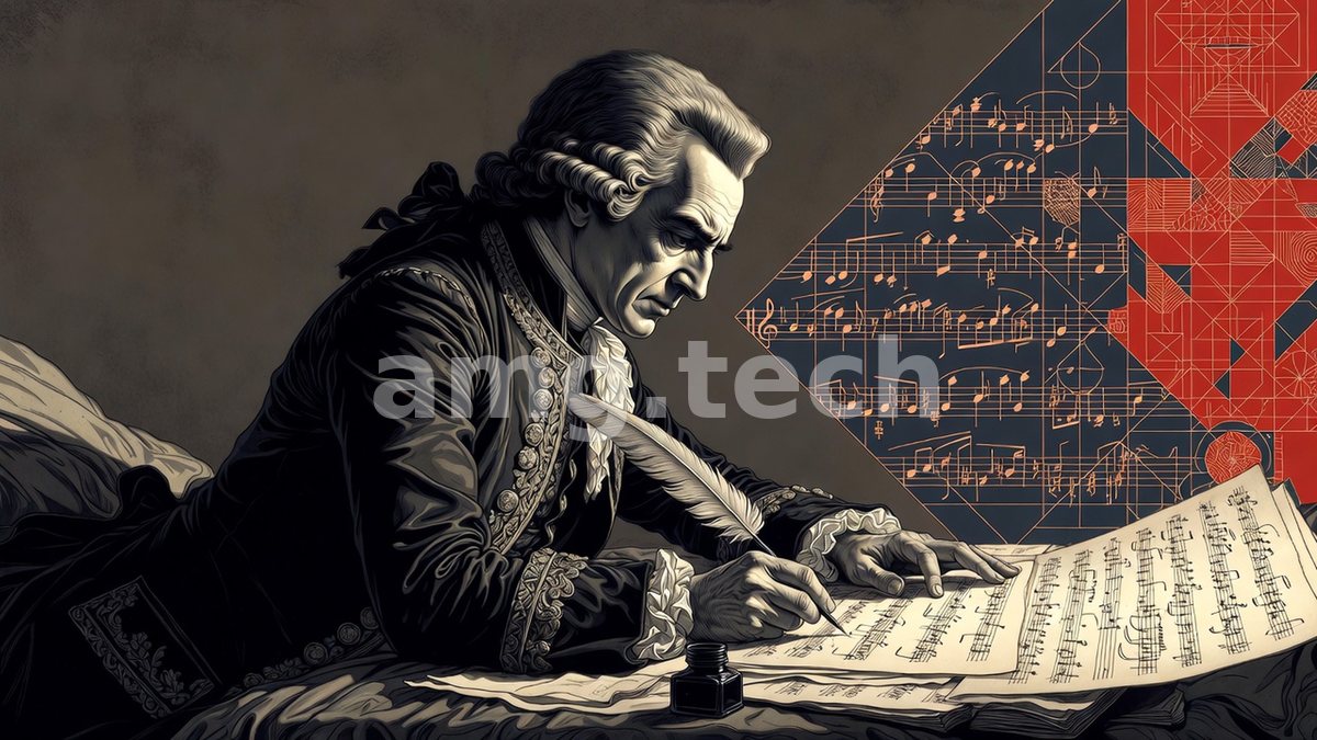 In powdered wig and brocade, a composer bends over his quill as crimson geometry fractures the score behind him.
