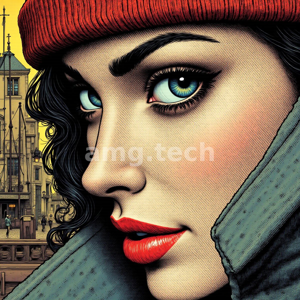 A striking woman in a red knit cap and grey collar fills the frame, a harbour town rendered in bold ink beyond.