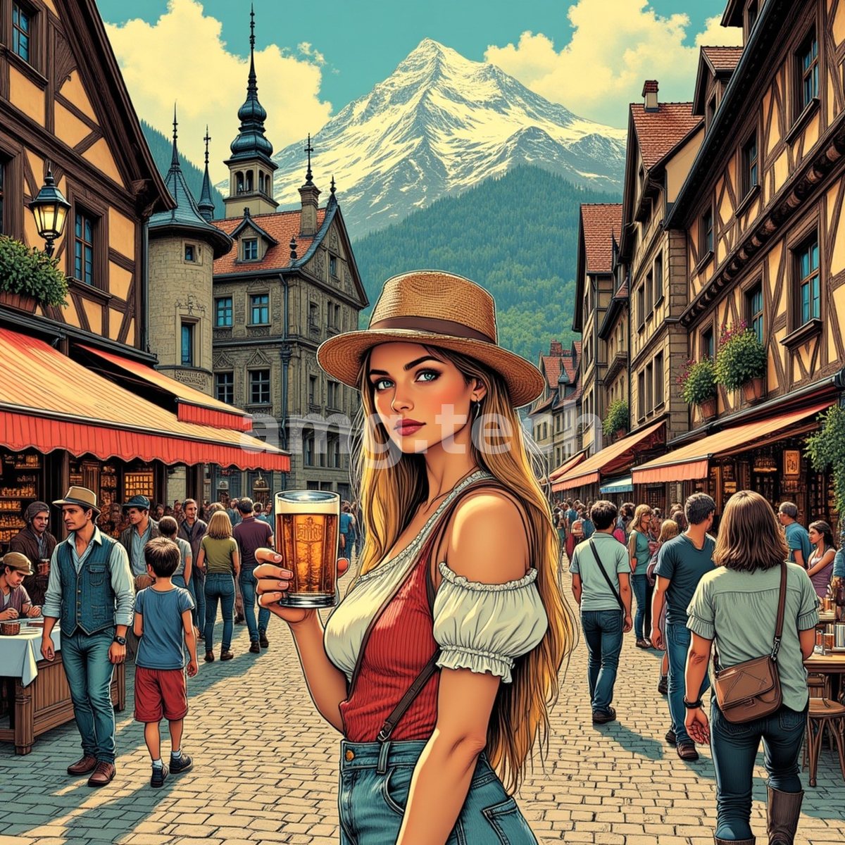A woman in a straw hat raises a glass amid a bustling alpine market street, snow-capped mountains presiding above the crowd.
