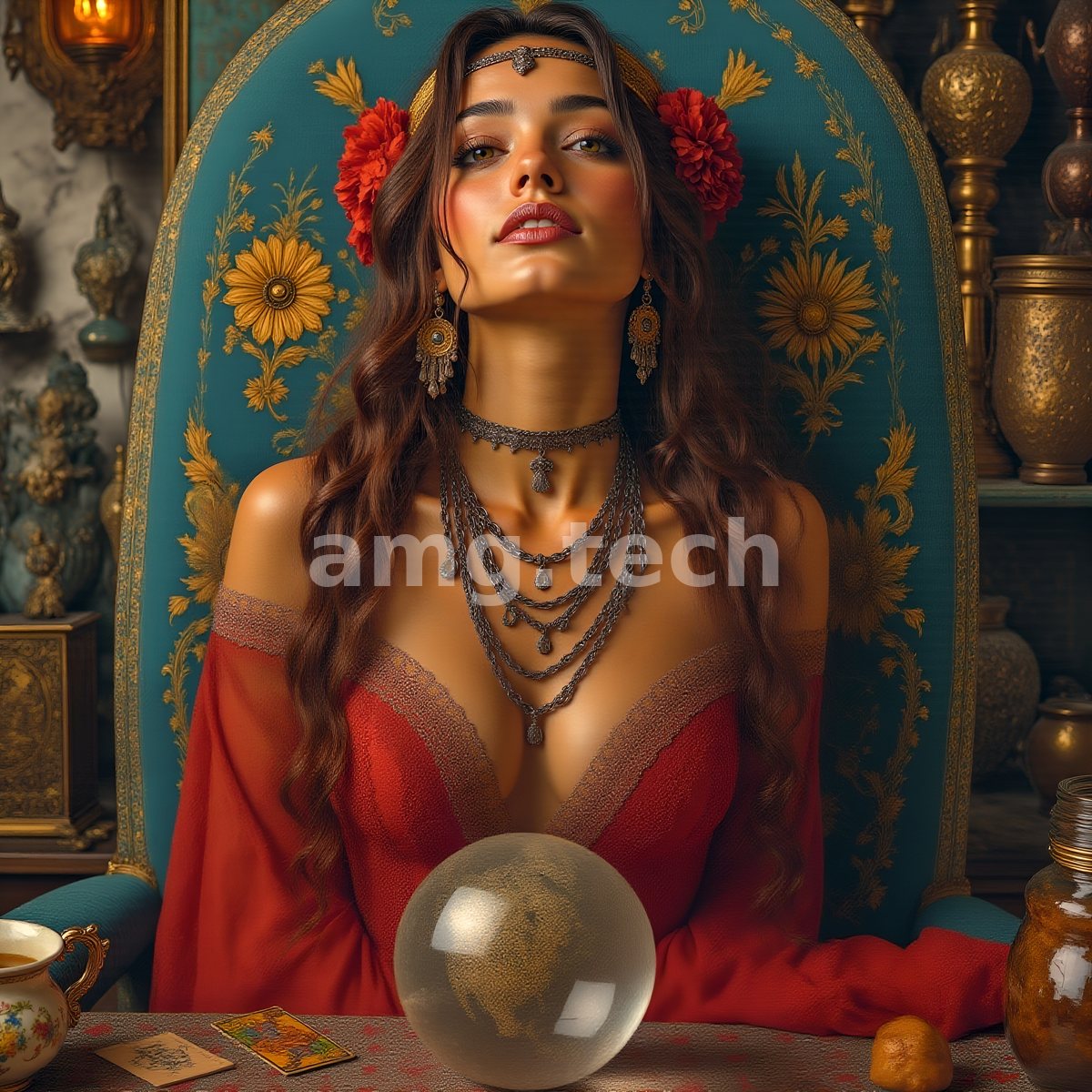 Robed in red before a gilded throne, a dark-eyed seer presides over her crystal sphere and scattered tarot cards.