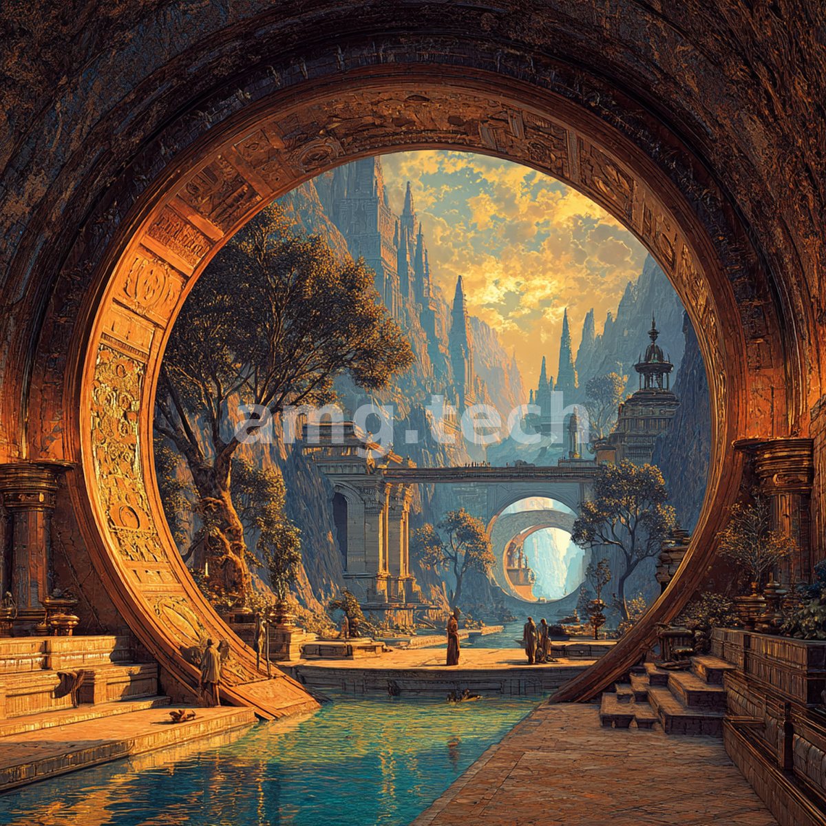 Through a vast ornamented arch, robed figures gather beside a still canal as a fantastical spired city glows at dusk.