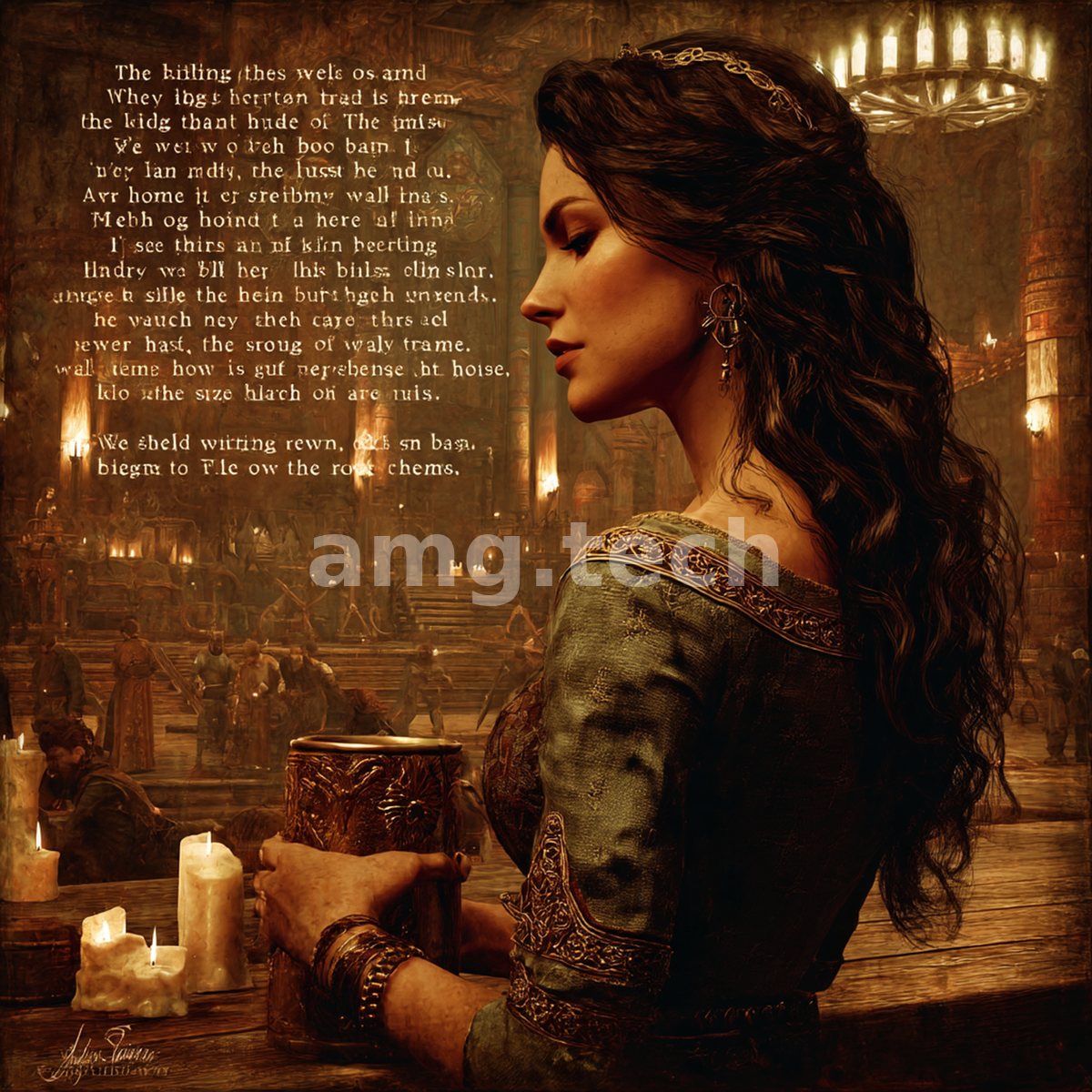 A dark-haired woman in embroidered medieval dress cradles an engraved tankard within a candlelit hall, verses drifting through the golden gloom.