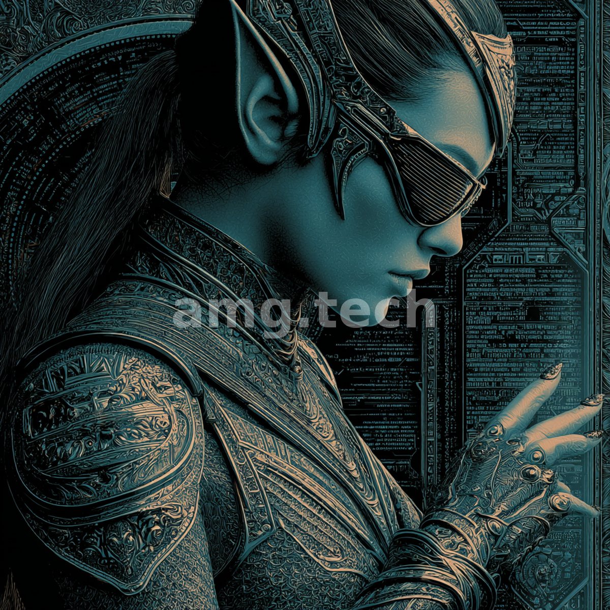 Rendered in verdigris and copper, an armored elven figure in visored goggles studies a lattice of glowing code, machine and myth entwined.