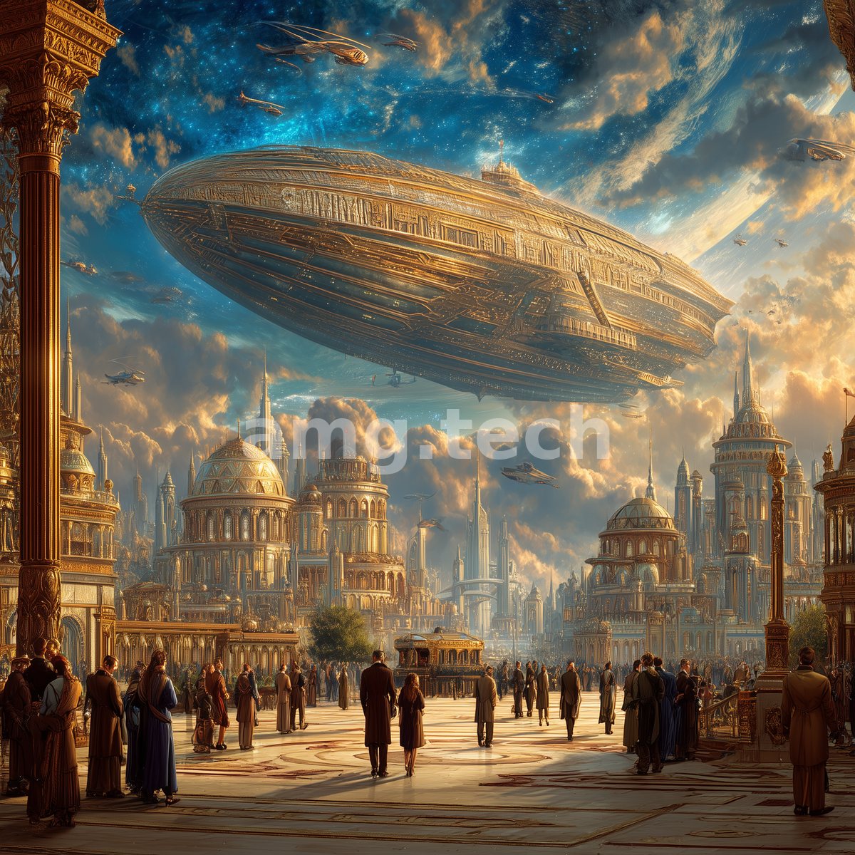 A vast ornate airship descends above a sunlit metropolis of domes and spires as crowds gather in the grand plaza below.
