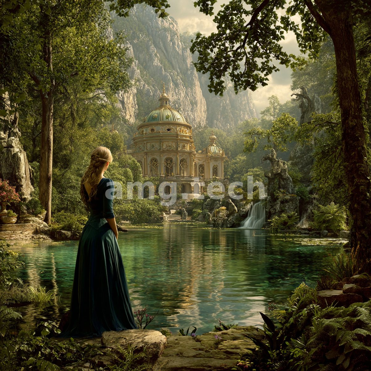 A woman in a teal gown pauses at a still mountain lake, gazing across the water toward a domed palace nestled among cliffs and cascades.