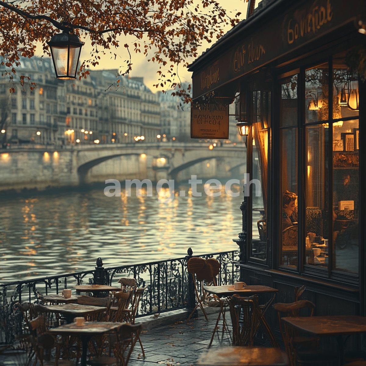 Empty café tables await beneath a glowing lantern as dusk settles over the river, the far bridge and boulevards softened in golden haze.