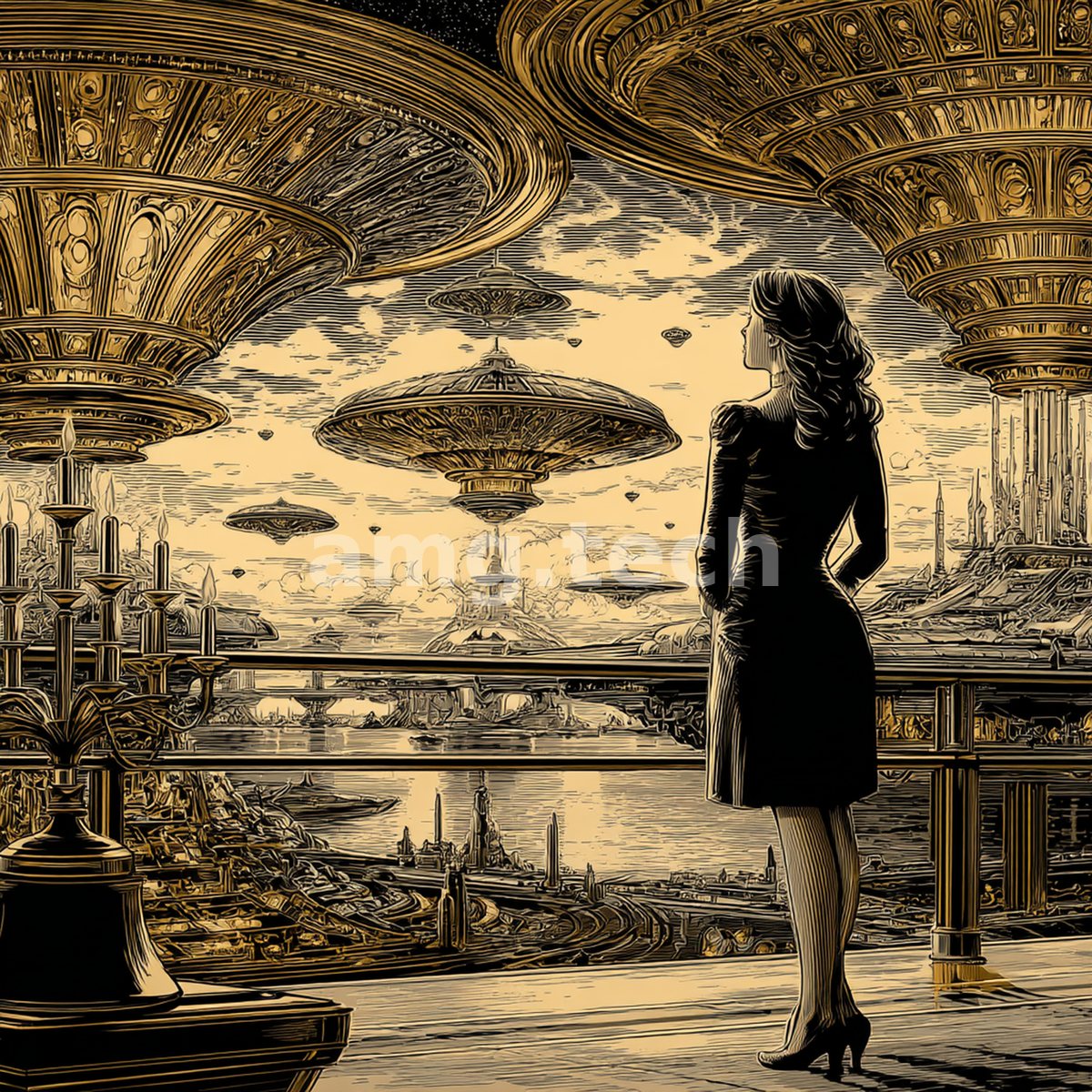 In gilded engraving-line style, an elegant woman surveys a retro-futurist harbor city as ornamented flying saucers drift beneath vast canopies.