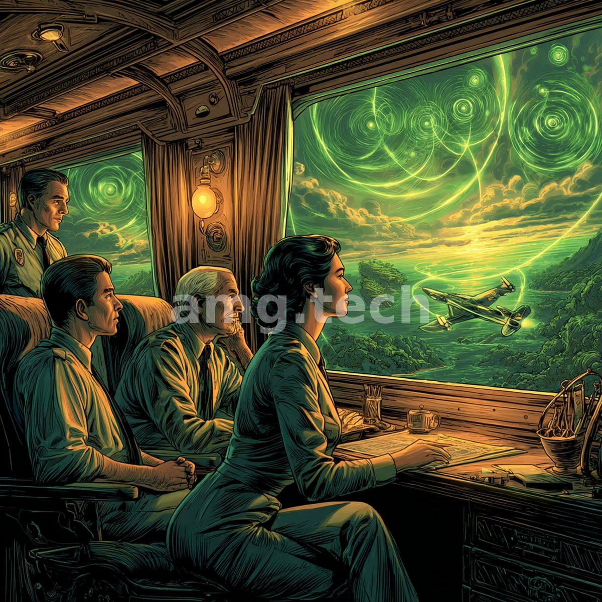 Aboard a wood-paneled carriage, four travelers watch a propeller aircraft bank through swirling emerald skies beyond the glass.
