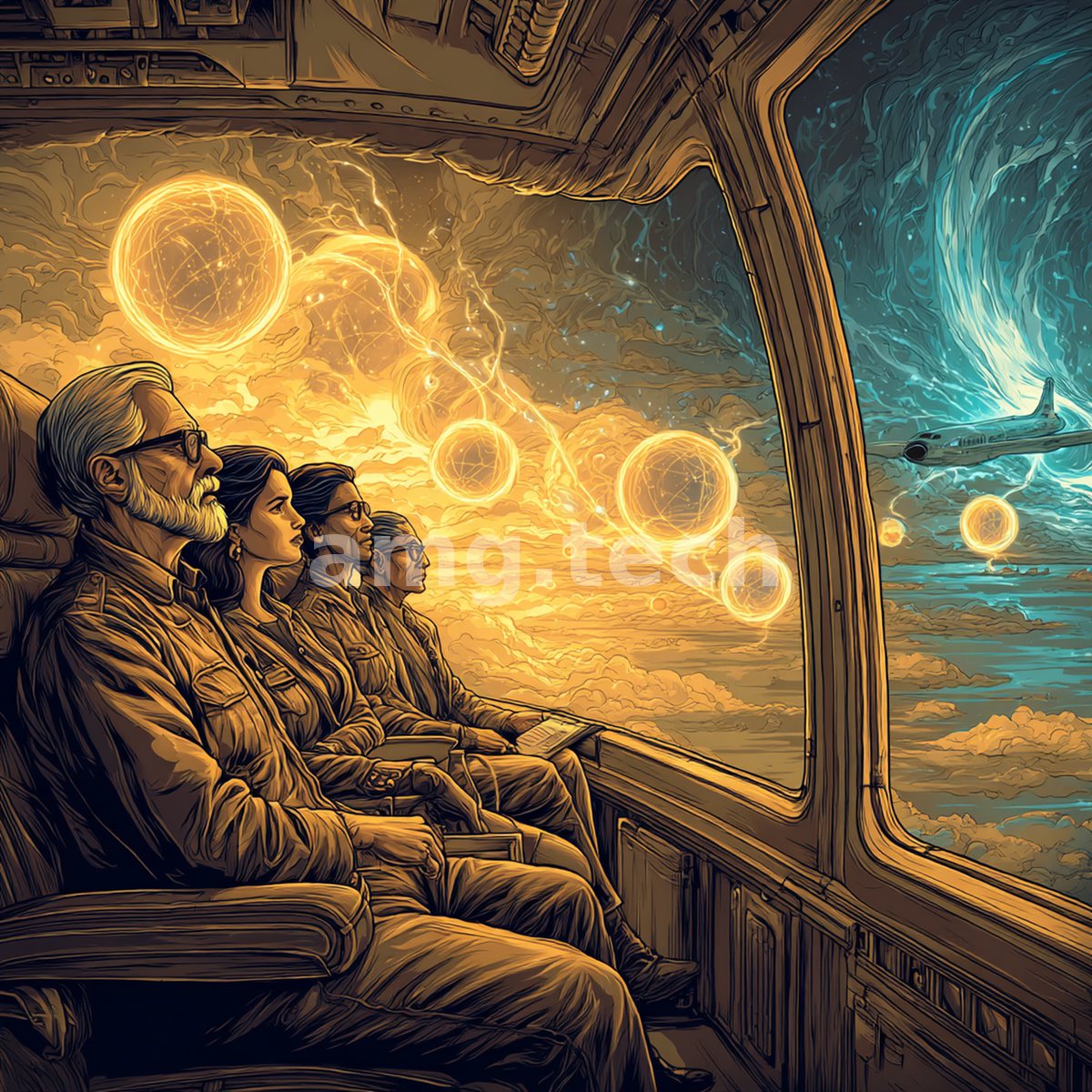 Seated passengers gaze from an amber-lit cabin as luminous orbs and a distant airliner circle a churning blue celestial vortex.