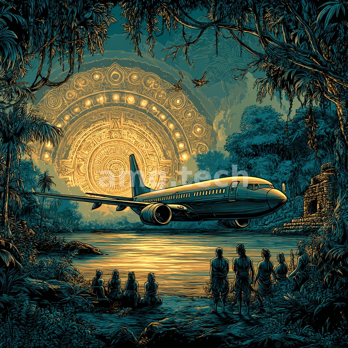 A modern airliner glides low over a jungle river before a radiant carved sun-calendar, watched by figures gathered at the water's edge.