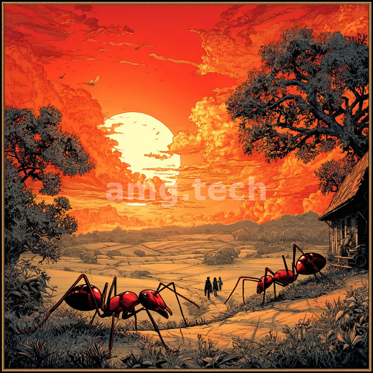 Against a blazing crimson sunset, giant red ants traverse a pastoral valley while two small figures walk the winding country lane.