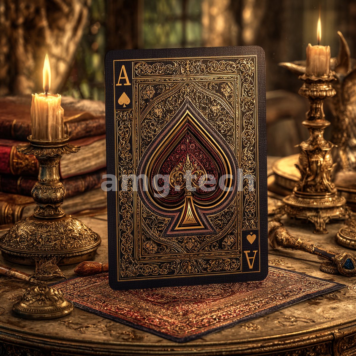 An ornately gilded ace of spades stands upright on an antique table amid guttering candles, old books, and burnished candlesticks.