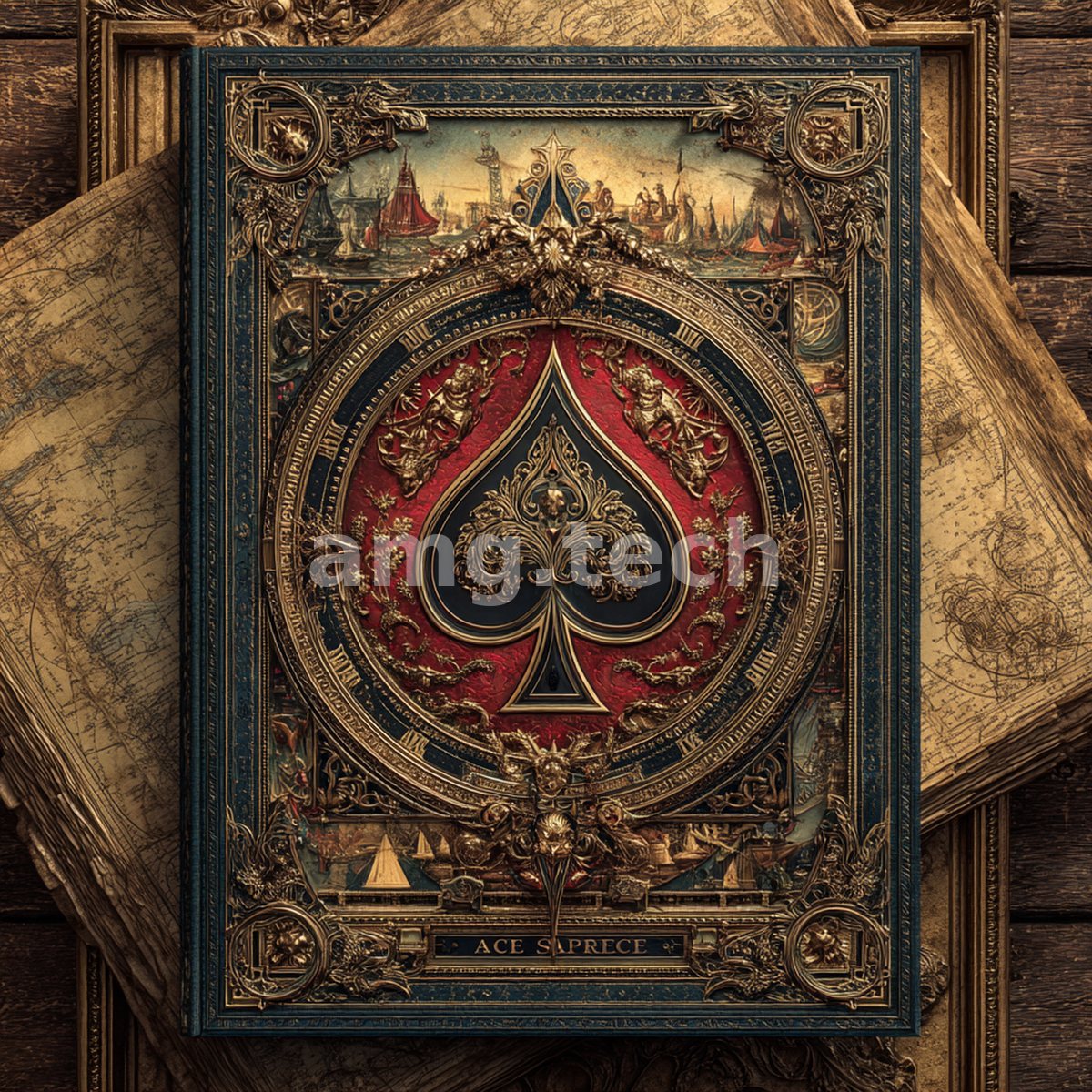A jeweled baroque ace of spades, framed in gold cherubs and maritime vignettes, rests upon weathered antique maps and aged parchment.
