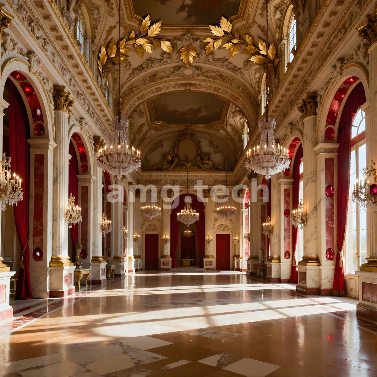 Sunlight streams across the polished marble of a palatial baroque gallery adorned with crystal chandeliers, gilded foliage, and scarlet drapery.