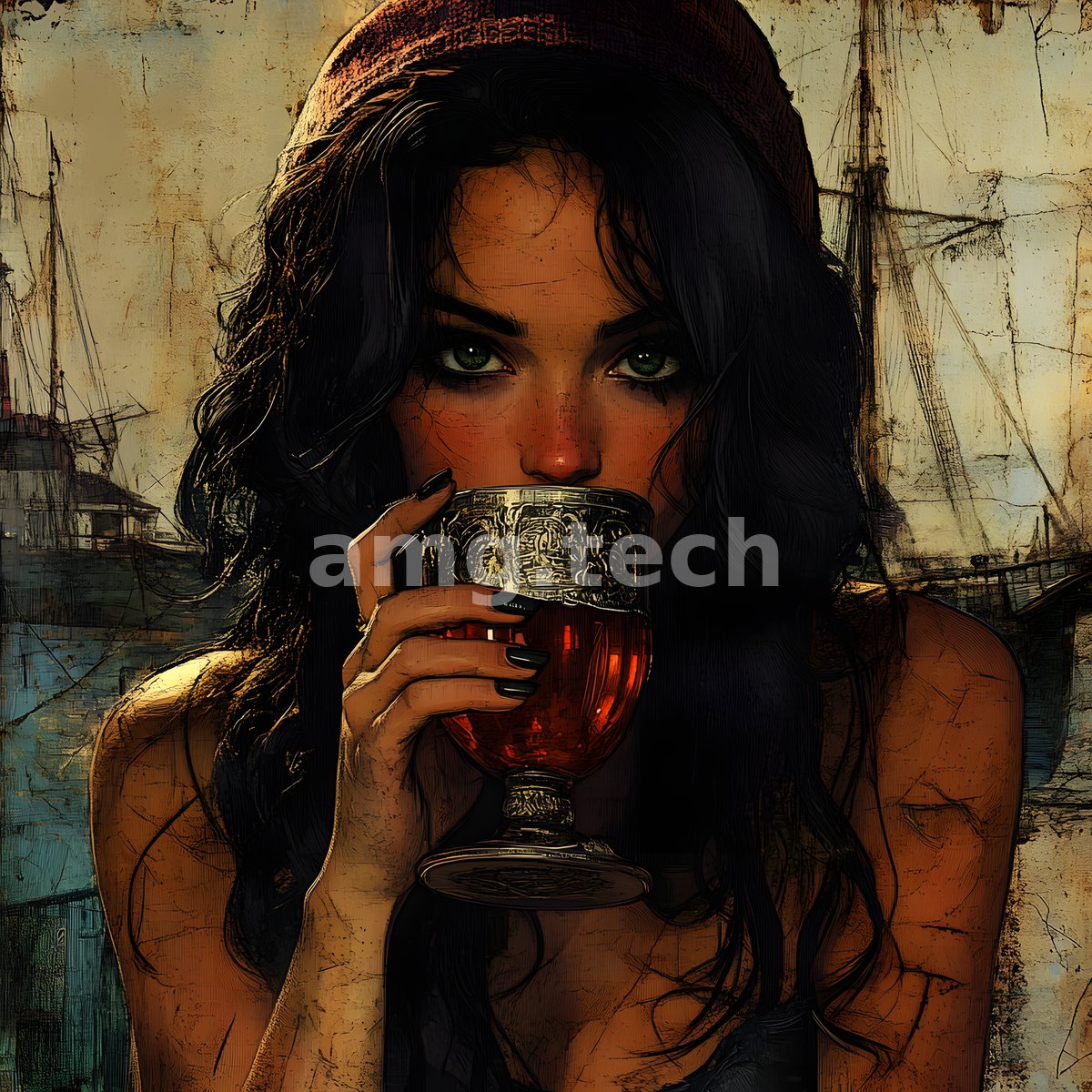 A green-eyed woman in a weathered cap raises an ornate goblet of wine, tall sailing ships looming through the cracked harbor haze behind her.