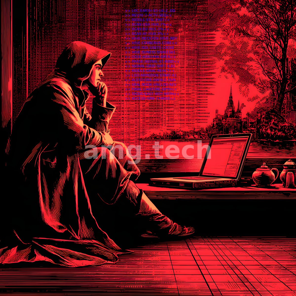A hooded figure sits in crimson shadow before a glowing laptop, lost in thought as a spectral city smoulders beyond the window.